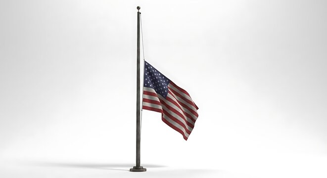 United states flag flying half mast against white background representing tragedy sorrow remembrance solemn memorial occasion