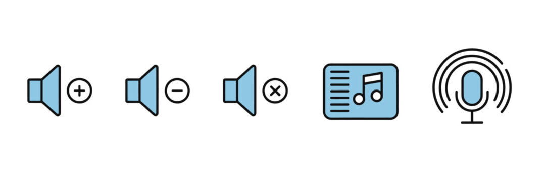 Set of flat design audio volume and music control icons isolated