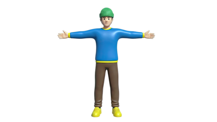 3D Cartoon Man with Arms Outstretched Wearing Beanie and Blue Sweater