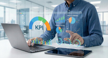 KPI analytics dashboard showing charts, performance metrics, AI insights and task checklists used by man on tablet for business data analysis, digital strategy planning and productivity management