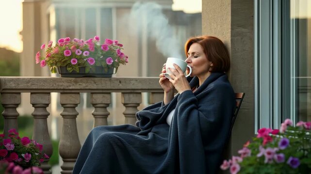 Morning relaxation on a balcony with coffee and flowers in a serene urban setting