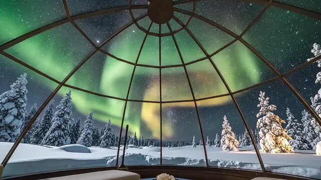 Cozy igloo interior with a view of the Northern Lights illuminating snowy trees at night