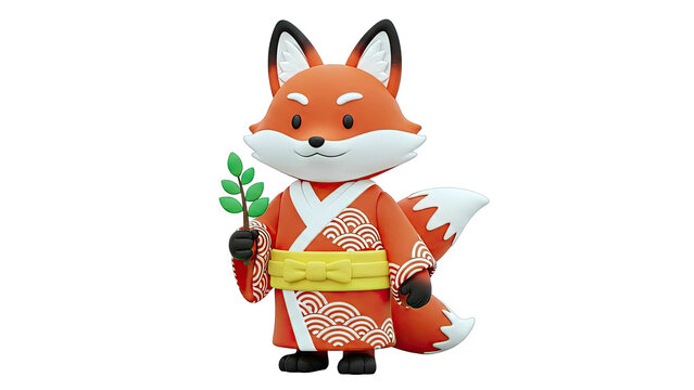 Cartoon Fox in Kimono Holding Green Branch