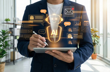 AI chatbot managing business email communication on digital tablet, used by professional for smart inbox automation, virtual assistant service, and improving workplace productivity with technology