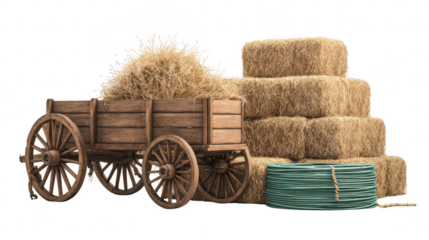 Old wooden cart loaded with hay and hay bales isolated on transparent background