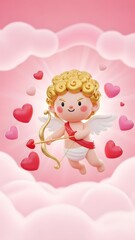 Obraz premium Cute 3D Little Cupid Flying in Pink Clouds with Golden Bow