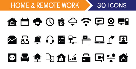 Set of 30 Home and Remote Work Icons. Containing Home Office Equipment, Video Conferencing, Time Management and Internet Connectivity
