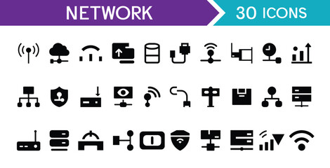 Set of 30 Network Icons. Containing Router, Modem, Satellite and Fiber Optic Communication Symbols
