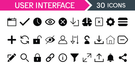 Set of 30 User Interface Icons. Containing Settings, Search, Security and  Digital Products
