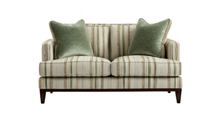 Elegant sofa with striped upholstery and green pillows isolated on transparent background