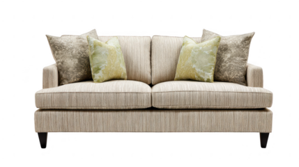 Modern beige sofa with throw pillows on white background isolated on transparent background