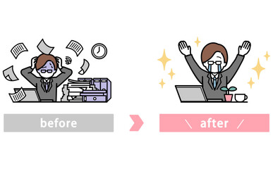 書類に追われて残業するビジネスマンが業務改善でゆとりが生まれるビフォーアフターイラスト