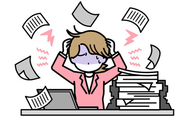 書類が山積みで舞い散る業務過多のイメージイラスト 女性事務員の業務の課題