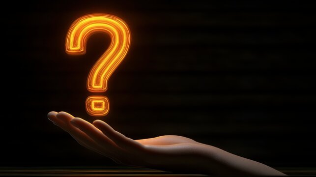 Glowing orange question mark held by a hand against a dark background