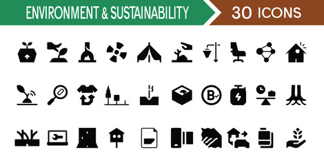 Set of 30 Environment and Sustainability Icons. Containing Green Energy, Recycling, Climate and Eco Living Icons
