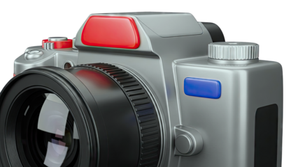Close-up of a silver camera with red and blue accents