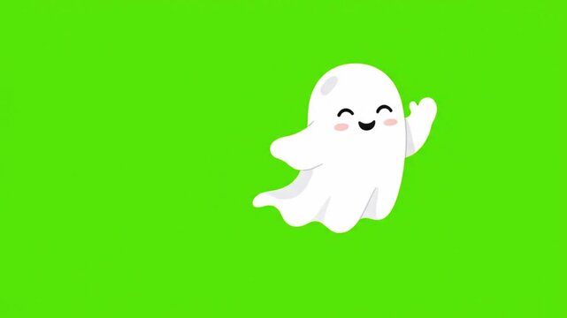 A friendly and cute cartoon ghost character with rosy cheeks waves hello, floating cheerfully on a vibrant green background.