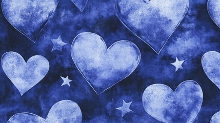Watercolor hearts and stars in deep blue