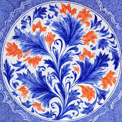 Intricate Blue And White Floral Porcelain Plate With Orange Accents For Elegant Tableware Display Collection