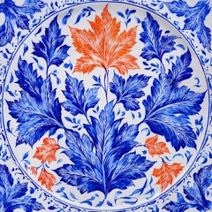 Intricate blue and white porcelain plate design with orange leaf accents, traditional floral ceramic pattern, vintage ornamental mediterranean style illustration.