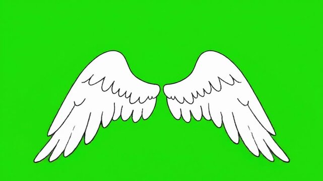 A pair of ethereal white angel wings, beautifully drawn with delicate feathers, extend majestically against a vibrant green background.