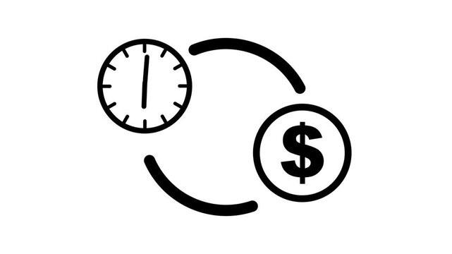 Time is money animated icon in line style with alpha channel. Perfect for project and Explainer Video animated icon on white background.
