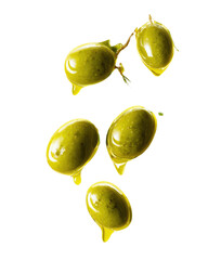 Glossy green olives with oozing oil drops, centered against a black background