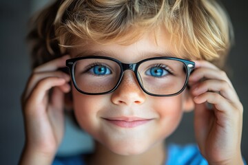 Smiling child boy with glasses adjusts his eyewear while looking directly at the camera in a warm and friendly atmosphere