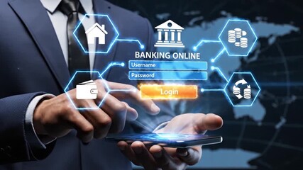 A businessman presenting a futuristic digital banking interface with a world map backdrop symbolizing global financial technology and secure online transactions - Powered by Adobe