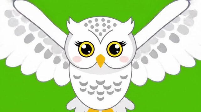 An adorable cartoon white owl with big, golden eyes and wide-spread wings gazes forward, ready for flight on a green screen background