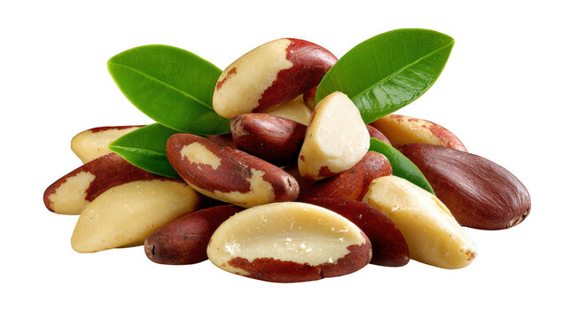 Fresh brazil nuts with leaves on white background isolated on transparent background