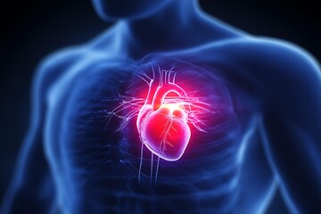 Upper torso diagram with heart pain highlight cardiology healthcare concept serious professional mood medical tone frontal view, Realistic Photo