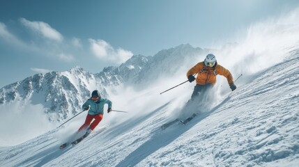 Couple Skiing Down Snowy Slope in Cinematic Action