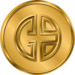 Imlek, A detailed gold coin featuring traditional symbols, ideal for finance, investment, and cultural branding.