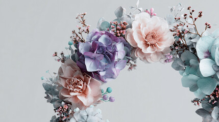 An eye-catching close-up shot of a delicate floral wreath, perfect for wedding, with pastel color petals