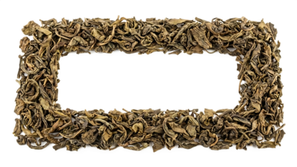 Rectangular frame made of dried green tea leaves, isolated on transparent background, decorative element
