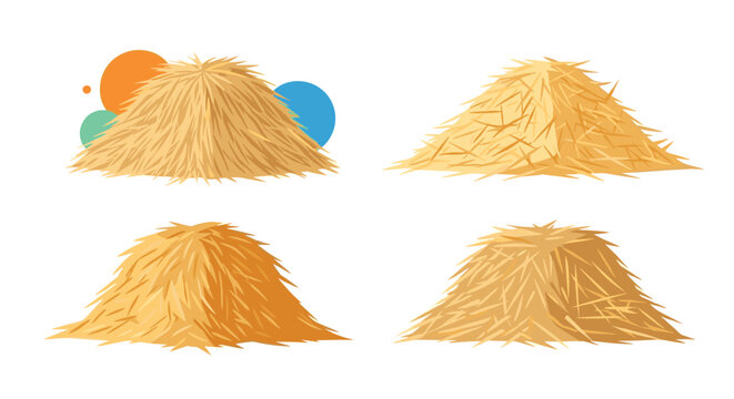 Illustrated collection of four various haystacks, depicting rustic farm elements and harvested dry grass or straw for agriculture.