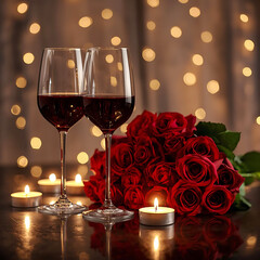 Romantic evening set with wine and roses