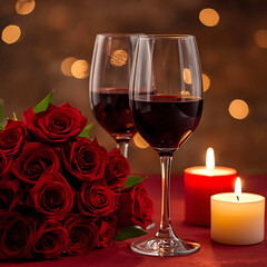 Romantic evening with wine and roses