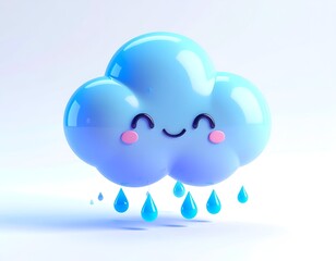 A smiling, cartoon-style blue cloud with raindrops, on a white background