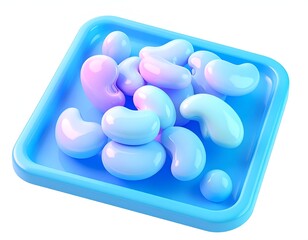 3D rendered, glossy jellybean-like objects in a square tray