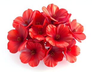 A cluster of vibrant red flowers, tightly arranged on a bright white backdrop