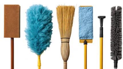 Cleaning tools and supplies for household chores isolated on transparent background