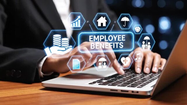 A professional interacting with a laptop displaying employee benefits concepts such as health finance and security visualized with modern icons