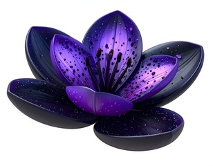 A fantastical purple flower with dark petals and speckles, floating