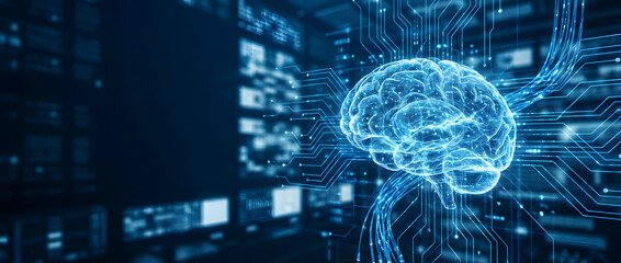 Digital brain with glowing circuits and data streams on a futuristic blue background representing artificial intelligence and technology