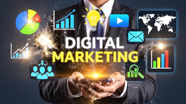 A businessman presenting digital marketing concepts on a smartphone illustrating data analysis global reach and innovative strategies for business growth