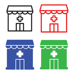 This image displays four stylized icons of a medical building or pharmacy, arranged in a 2x2 grid. Each icon features a storefront design with a scalloped awning and a large medical cross symbol 