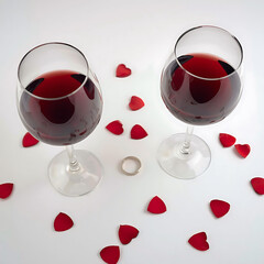 Two wine glasses with heart confetti