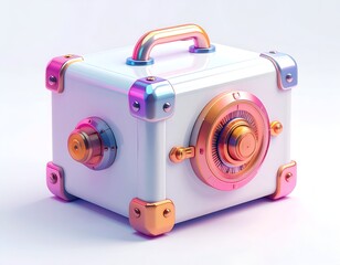 Cuboid safe with a handle, metallic accents, and a combination dial